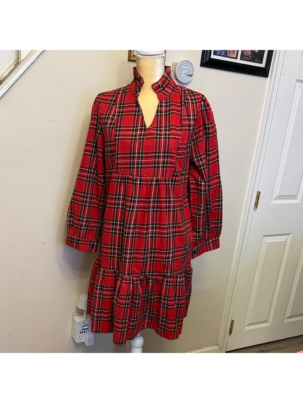 Plaid Red Long-Sleeve Tiered Shift Dress